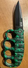 Biohazard Folding Knife, 8 Inches, Zombie Survival Gear, Green Skulls Hand Grip