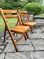 Vintage MCM Europian Wooden Slat Seat Folding Chair H31xW18xD17”~set Of 2