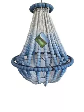 Wooden Beaded Boho Chandelier 3 Tone Blue 18" X 26" Handcrafted In Indonesia