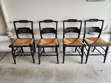 L.Hitchcock - Signed Maple Black Stenciled Harvest Rush Side Chairs - Set of 4