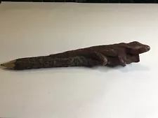 Carved Wood Lizard Figure On Live Wood Bark Pencil hand Carved Folk Art