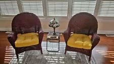 Two Burnt Red Wicker Chairs and Cushions