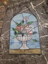 Vtg Stained Glass 16x11 Vase Flowers Window Hanging Panel Large