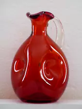 VTG MID CENTURY RED BLOWN ART GLASS PONTIL PINCHED DIMPLE BOTTLE DECANTER