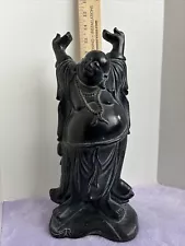 Antique Ceramic HAPPY BUDDHA Shrine Statue BLACK/ GOLD Chakra Zen 12.5” Vintage