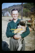 Man & Pekingese Dog in Brown County Indiana early 1950's, Kodachrome Slide h29a