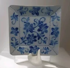 Eldreth Pottery 2005 Salt Glazed Blue Floral Square Plate • Signed •Rare Find 8"