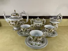 Complete Tea Set. Roses on Sage Green & White w/Gold Accents, Footed, Victorian