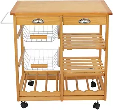 Rolling Kitchen Island Wood Mobile Serving Cart w/Storage for Home Restuarant