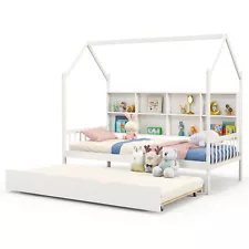 Wooden Twin House Bed Frame w/Trundle 2-in-1 Montessori Bed for Kids Boys Girls