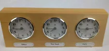 World Clocks 3 Time Zones Wood Quartz Mvt Desk/Shelf Home Office Tested Works