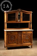 Antique Oak Buffet-Style Hutch with Marble Top