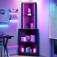 Corner Shelf with LED Light Bookshelf Bookcase with Open Display Storage Rack