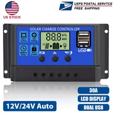 30A Solar Panel Battery Charge Controller 12V/24V LCD Regulator Auto Dual USB US