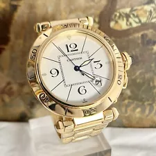 Cartier Pasha 38 Rare 18k Yellow Gold Date 1990 Automatic White Dial Watch