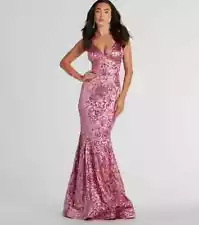 Windsor Saskia Gown Pink Sequin Formal Mermaid Trumpet Sz 0 1 XS Damask Floral