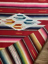 Vintage Mexican Serape Blanket Table Runner VIVID Wool Silk Fringe Saltillo