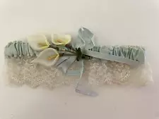 Vtg 1953 Wedding Day GARTER Floral Calla Lily Bouquet Lace Baby Blue Silk Ribbon