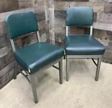 Pair Vtg Mid Century Steel Industrial Chairs Green Gray Metal Royal MFG Office