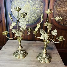 VTG Antique Brass French Church 3 Arm Candelabra Ornate Grapes Leaves Set 2 READ