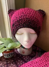 Black Hot Pink Pussyhat / Protest Hat / Handmade/ Crochet / Womens March