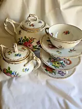 Antique Helena Wolfsohn Dresden Porcelain Hand Painted Tea Set 3 Cps & 3 Saucers