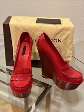 Louis Vuitton LV Fetish Leather Wood Wedge Platform Loafers Heels Red 38.5/8.5M