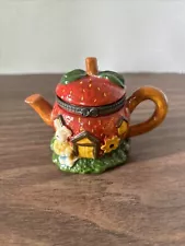 Teapot House Trinket Box Stash Box Mini Strawberry Bunny Red Vintage