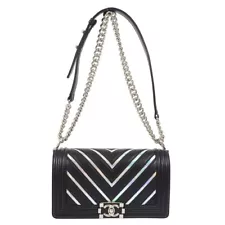 Boy Chanel Black Silver Lambskin V Stitch Double Chain Shoulder Bag 161850