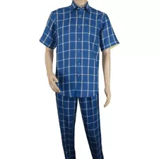 Men INSERCH premium Soft Cool Linen 2pc Walking Leisure suit 7098 Blue Plaid