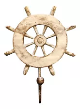 Whitewashed Ships Wheel with Single Wall Hook Wood 9 Inches