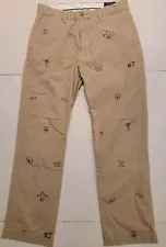 Polo Ralph Lauren Chino Pants Mens Tan Khaki Football Theme Stretch Straight Fit