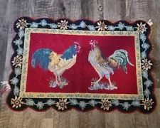 Vintage Folk Art Chickens Hen Rooster Hand hooked Wool Rug Country Kitchen 35x22