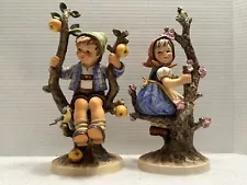 SIGNED LARGE GOEBEL HUMMEL "APPLE TREE GIRL" (141), "APPLE TREE BOY" (142) TMK 5