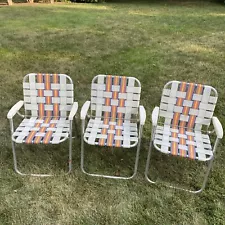 Three Vintage Light Aluminum Webbed Woven Vinyl Folding Lawn Chairs- Nice!