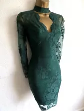 Lipsy Green Bodycon Dress Size 14 Long sleeve Lace Party Occasion Wedding