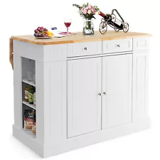 Large Kitchen Island Drop Leaf Breakfast Bar w/ Wood Top Shelves Drawers White