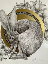 original art graphic pen and ink drawing mated unframed 14x11 hare