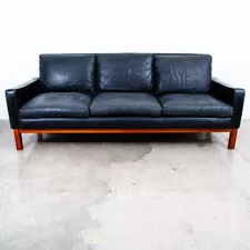 Mid Century Danish Modern Sofa Couch 3 Seater Leather Black Wood Denmark 74 in