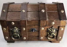 Vintage Wood Keepsake Jewelry Box Treasure Chest Lion Head Medieval Goth Pirate