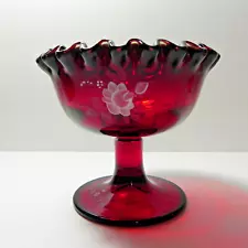 Fenton Ruby Red Candy Compote Dish Hand Painted Rose Vase Signed VTG Glass