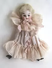 4 inch Antique Mignonette All Bisque Doll German Glass Brown Eyes Blonde Wig