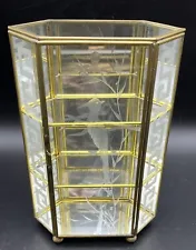 VTG Curio Cabinet Display Case Brass & Glass Mirrored w Etched Bird & Greek Key