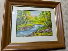 Small Charles Thomas Garland "River Landscape Scene" Watercolor Painting -Framed