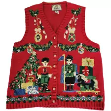 Tiara Christmas Embellish Embroidered Sweater Vest Red Women’s XL VINTAGE Granny