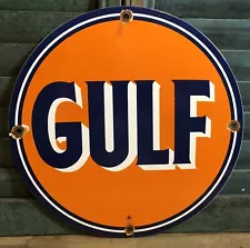 VINTAGE GULF GASOLINE PORCELAIN SIGN GAS STATION PUMP PLATE MOTOR OIL SERVICE