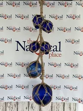 6 Glass Cobalt Blue Fishing Floats On Rope - Fish Net Buoy Ball - Nautical Beach