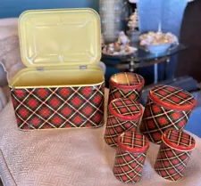 Vintage red Green Plaid Picnic Bread Basket & Canisters Christmas Decorations