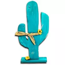 Handmade Rustic Western Saguaro Cactus Wood Yard Art Teal Painted Patio Decor