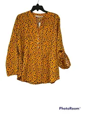 Notations Top Large Polka Dots Shirt Blouse V Neck Adj Sleeve Orange